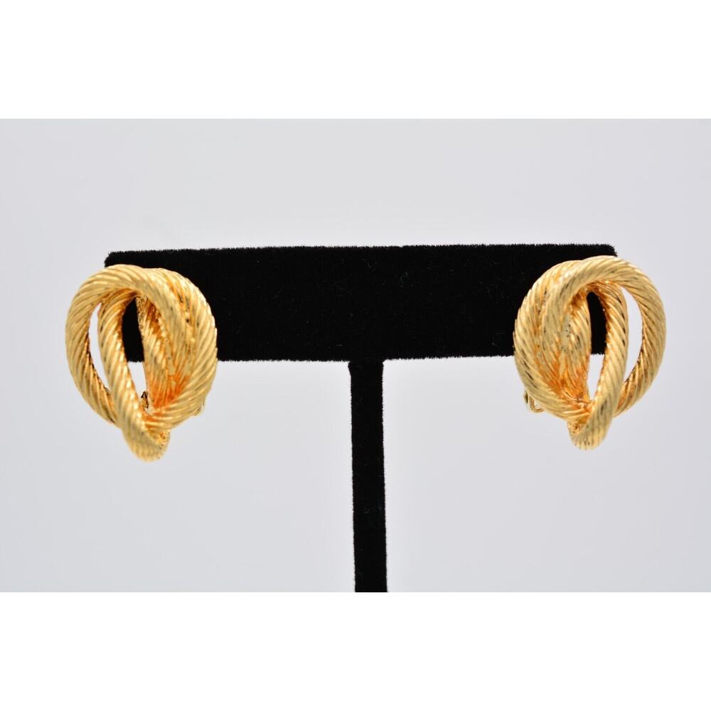 Vintage Clip On Earrings Knot Swirl Gold Tone Chunky Textured Retro 1990s BinAV